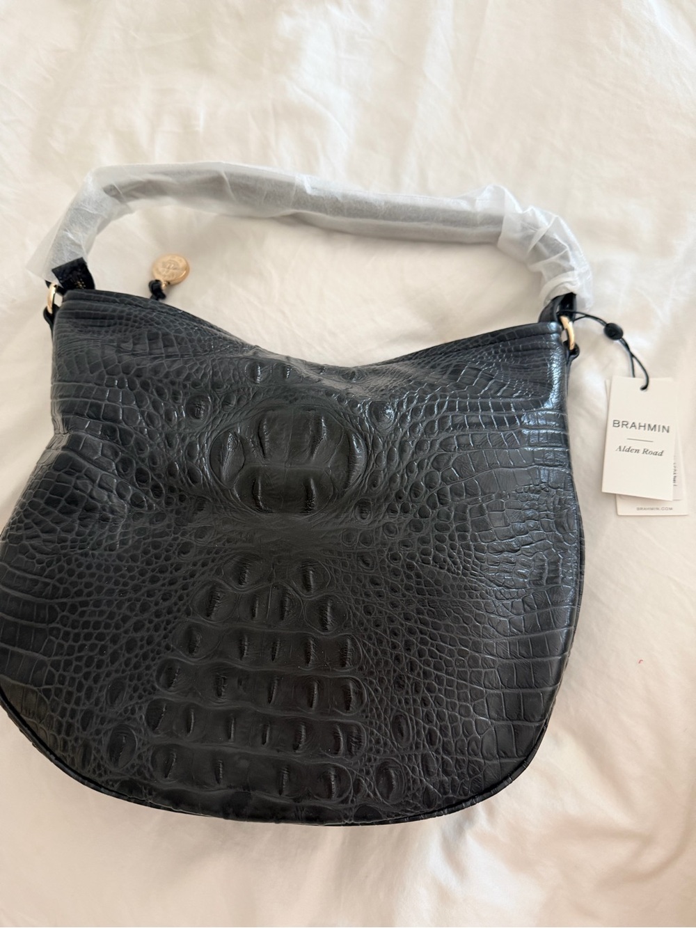 Brahmin Black Croc-Embossed Hobo Shoulder Bag